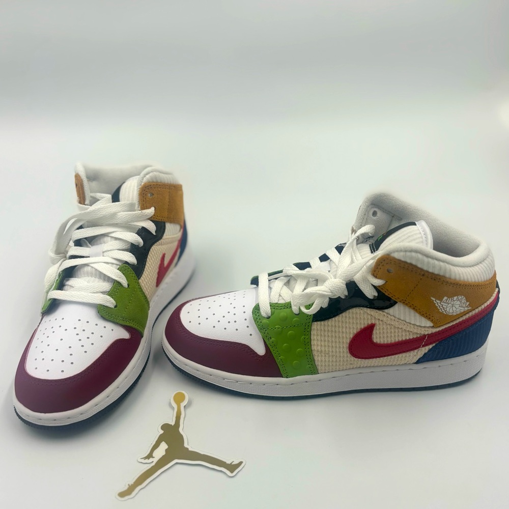 NIKE AIR JORDAN 1 MID GS PATCHWORK - White Gym Red Black GREEN   6y